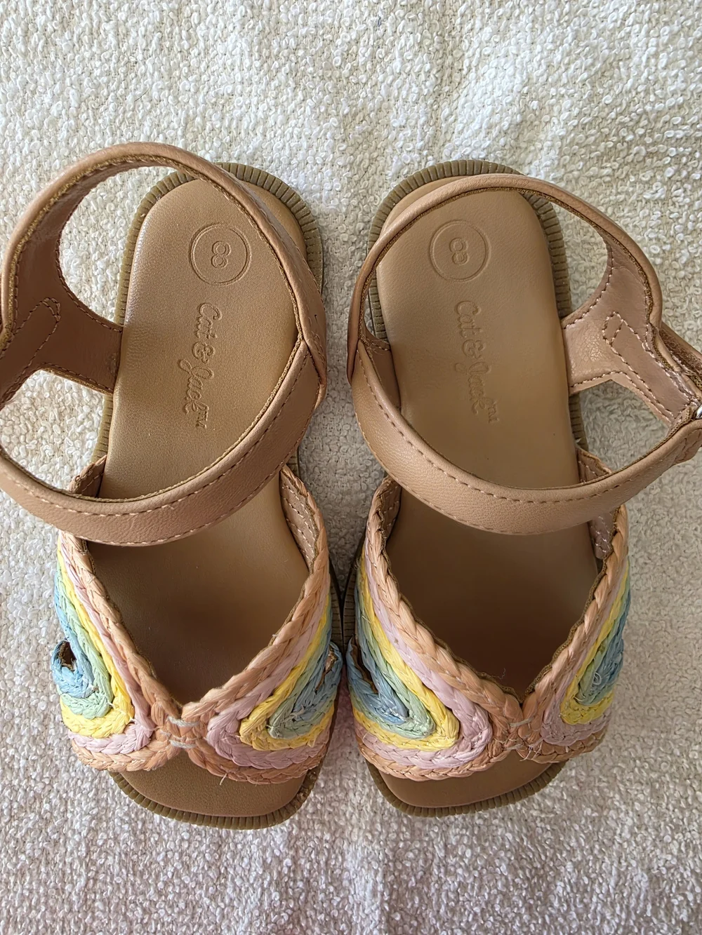 Girl's Tan Sandals with Pastel Rainbow Braided Straps